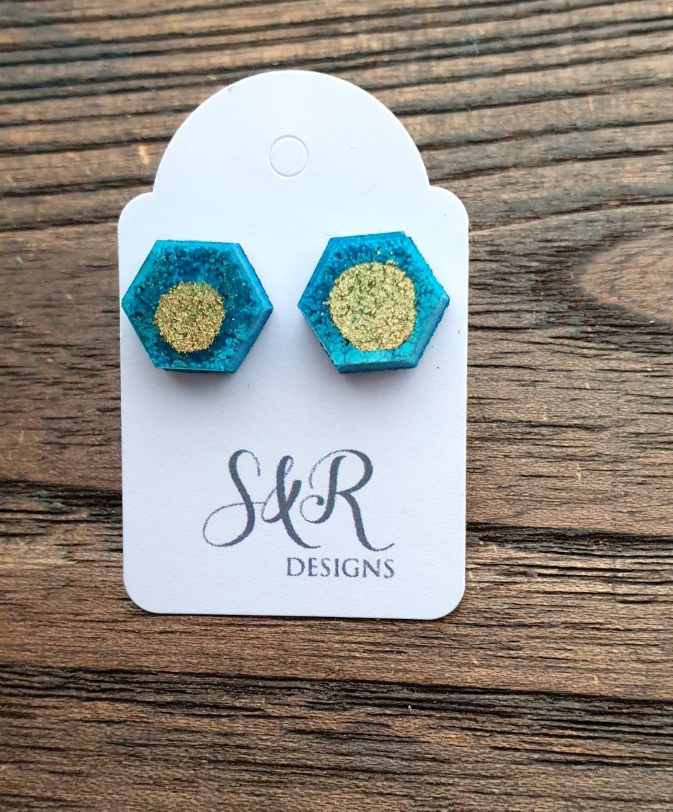 Hexagon Resin Stud Earrings, Blue Gold Ink Earrings. Stainless Steel Stud Earrings. 10mm