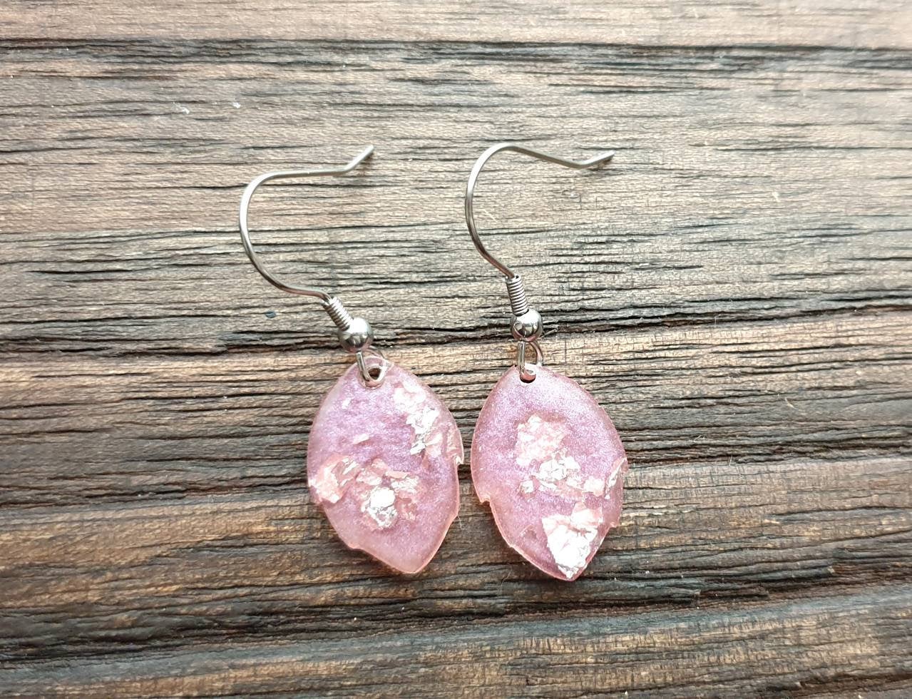Blush Pink Silver Leaf Leaves Earrings, Resin Earrings, mixed silver leaf resin earrings. Small or Medium