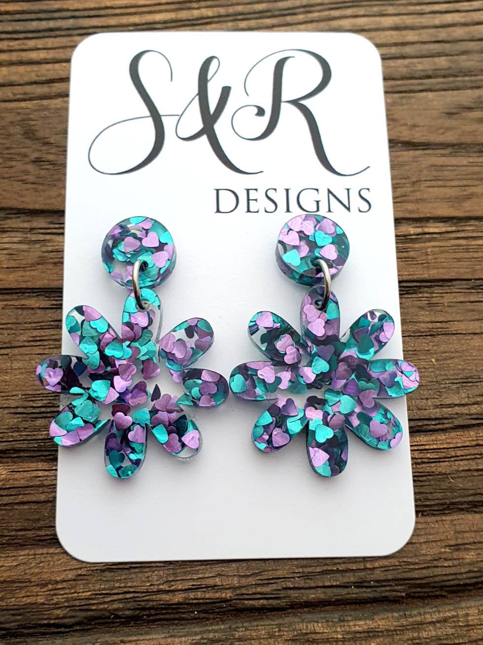 Aqua Purple Glitter Flower Acrylic Dangle Earrings, Stainless Steel