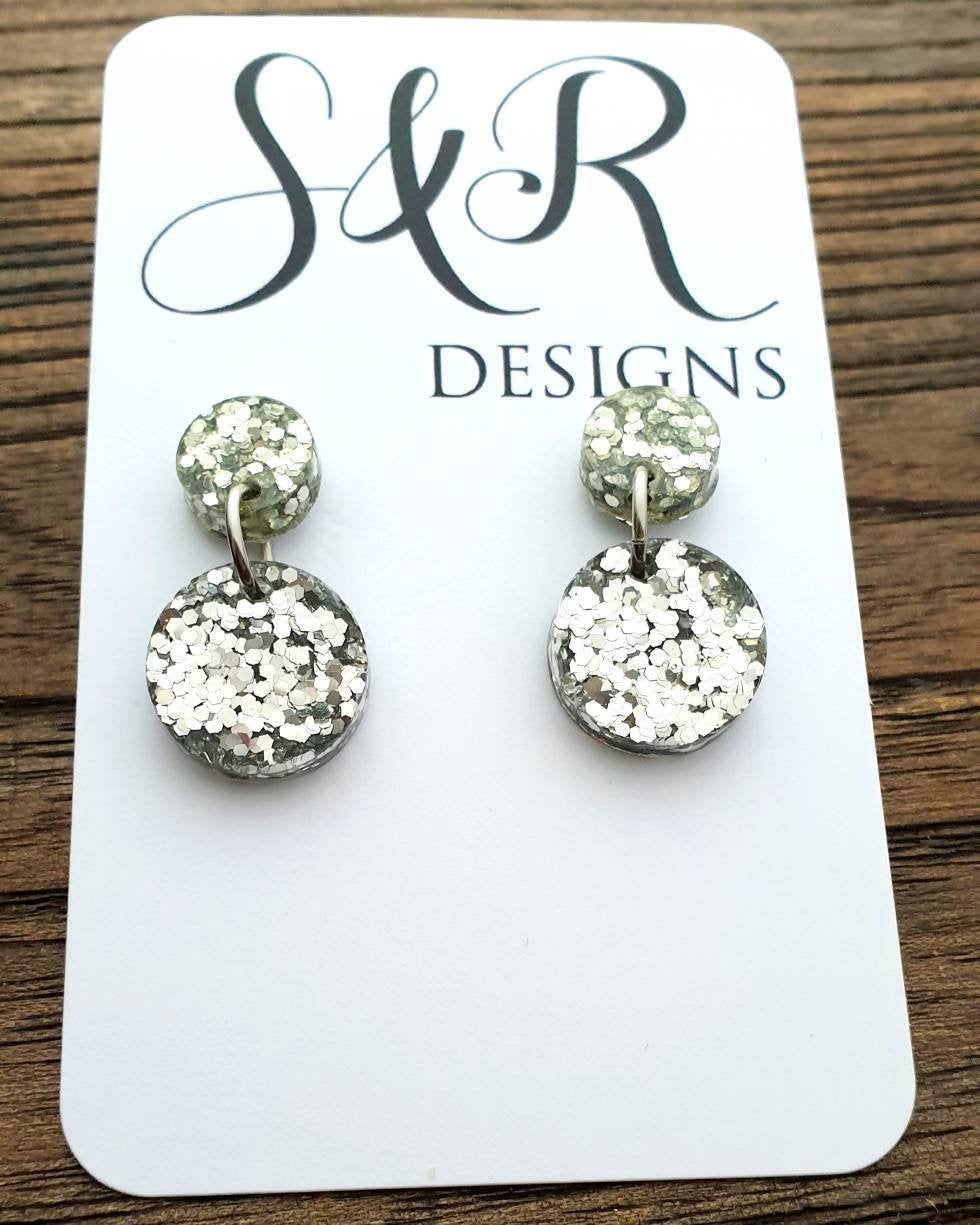 Circle Silver Glitter Dangle Earrings