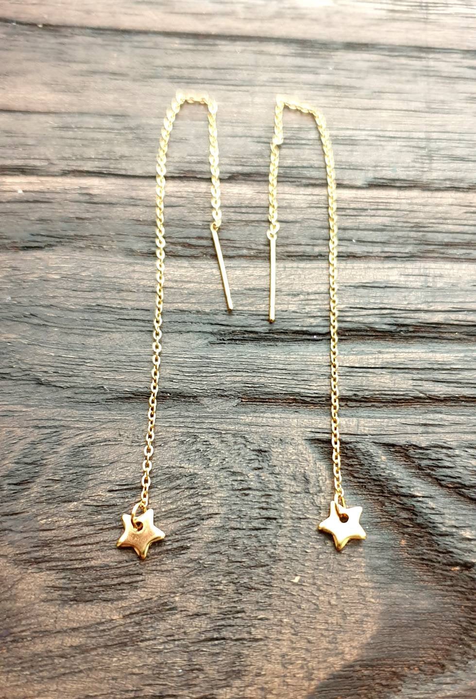 Tiny Star Gold Stainless Steel Dangle Thread Earrings, Gold Thread Earrings.