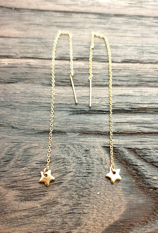 Tiny Star Gold Stainless Steel Dangle Thread Earrings, Gold Thread Earrings.