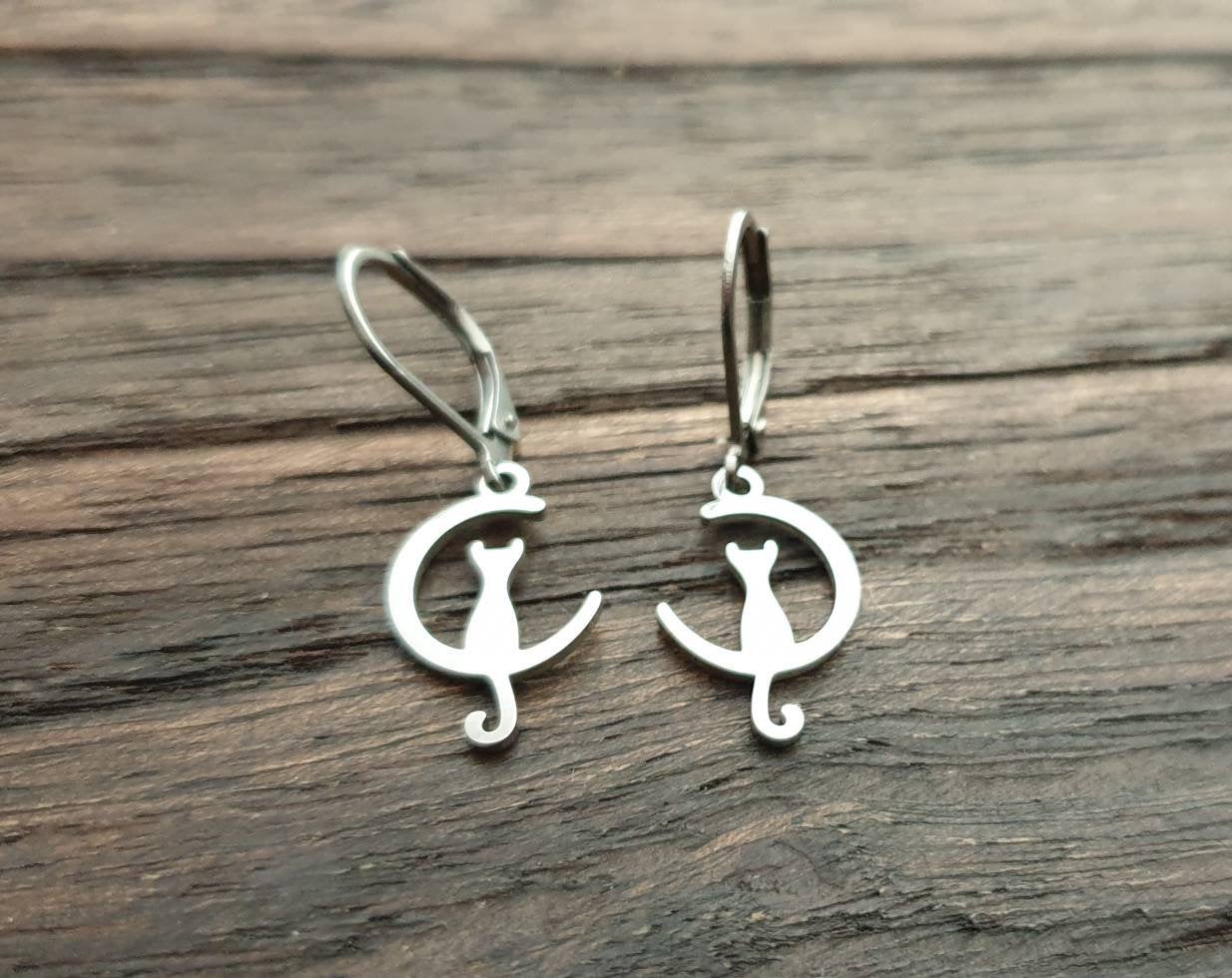 Cat on Moon Leverback Earrings, Stainless Steel Dangle Leverback, threaders or Hook Earrings.