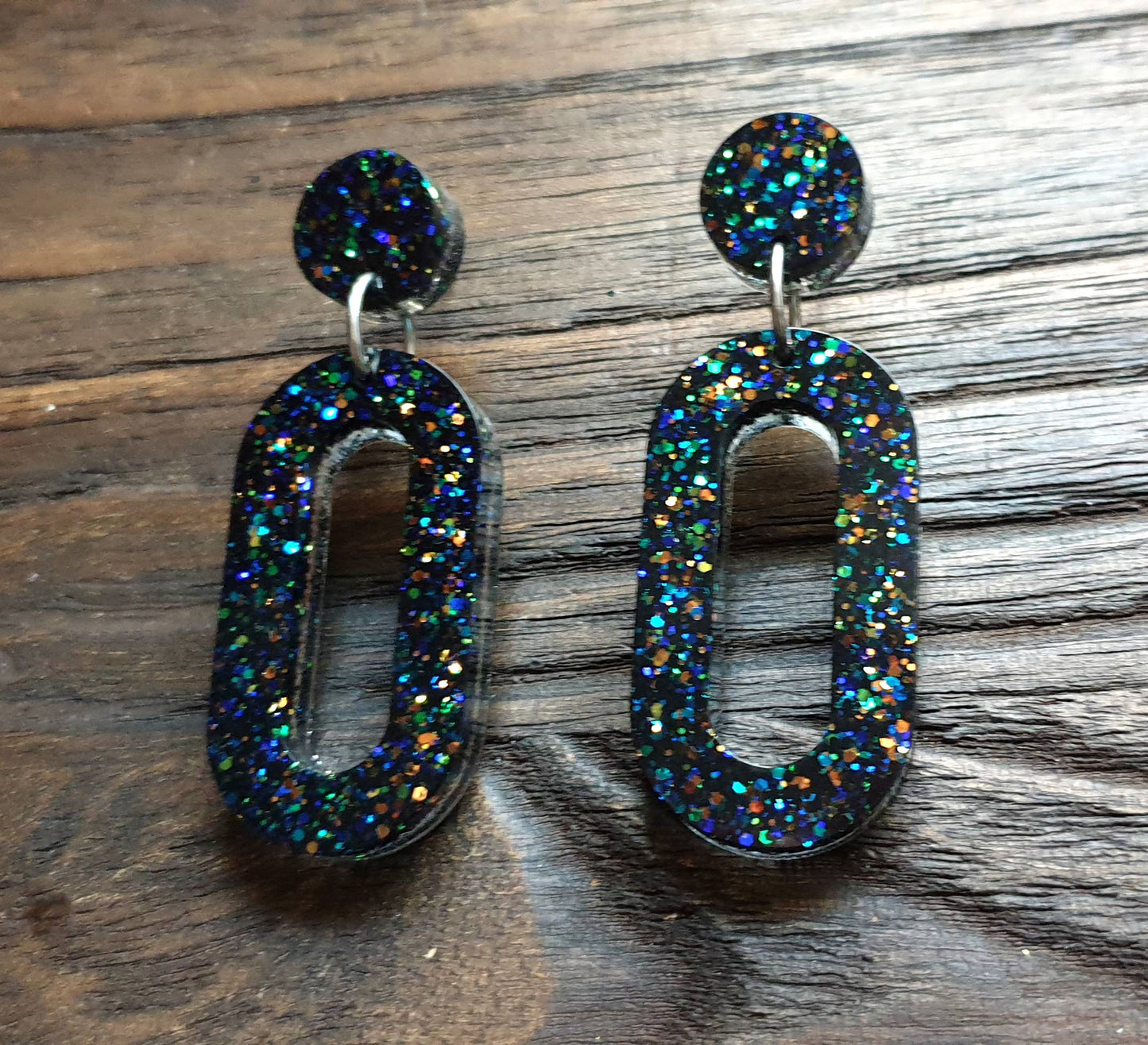 Statement Oval Long Resin Earrings, Black Rainbow Holographic Glitter Earrings, Stainless Steel Earrings.