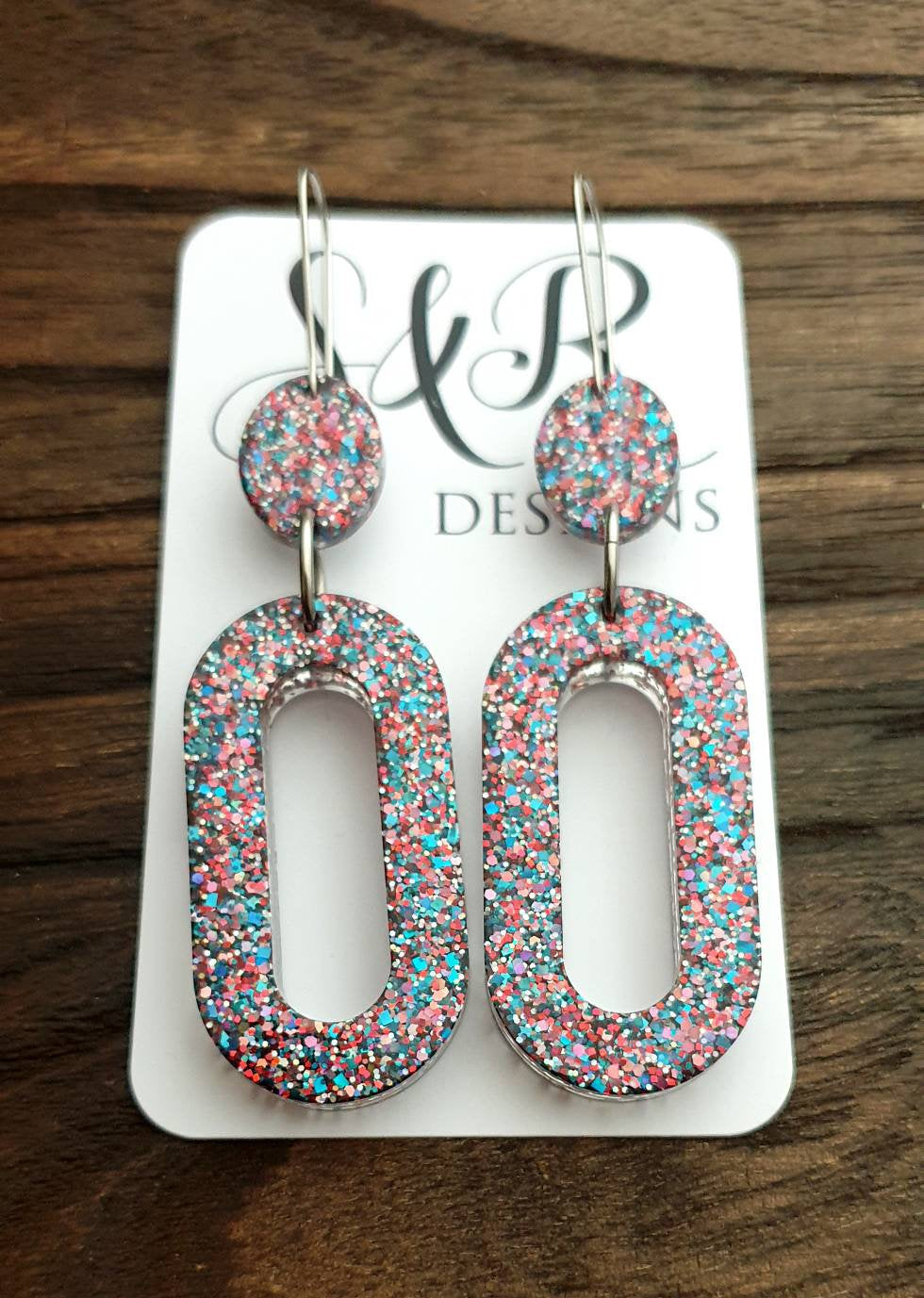 Statement Oval Long Resin Earrings, Confetti Glitter Earrings, Stainless Steel Earrings.