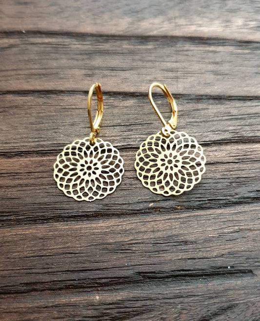 Swirl Flower Circle Filigree Gold Stainless Steel Dangle Hoop or Leverback Earrings