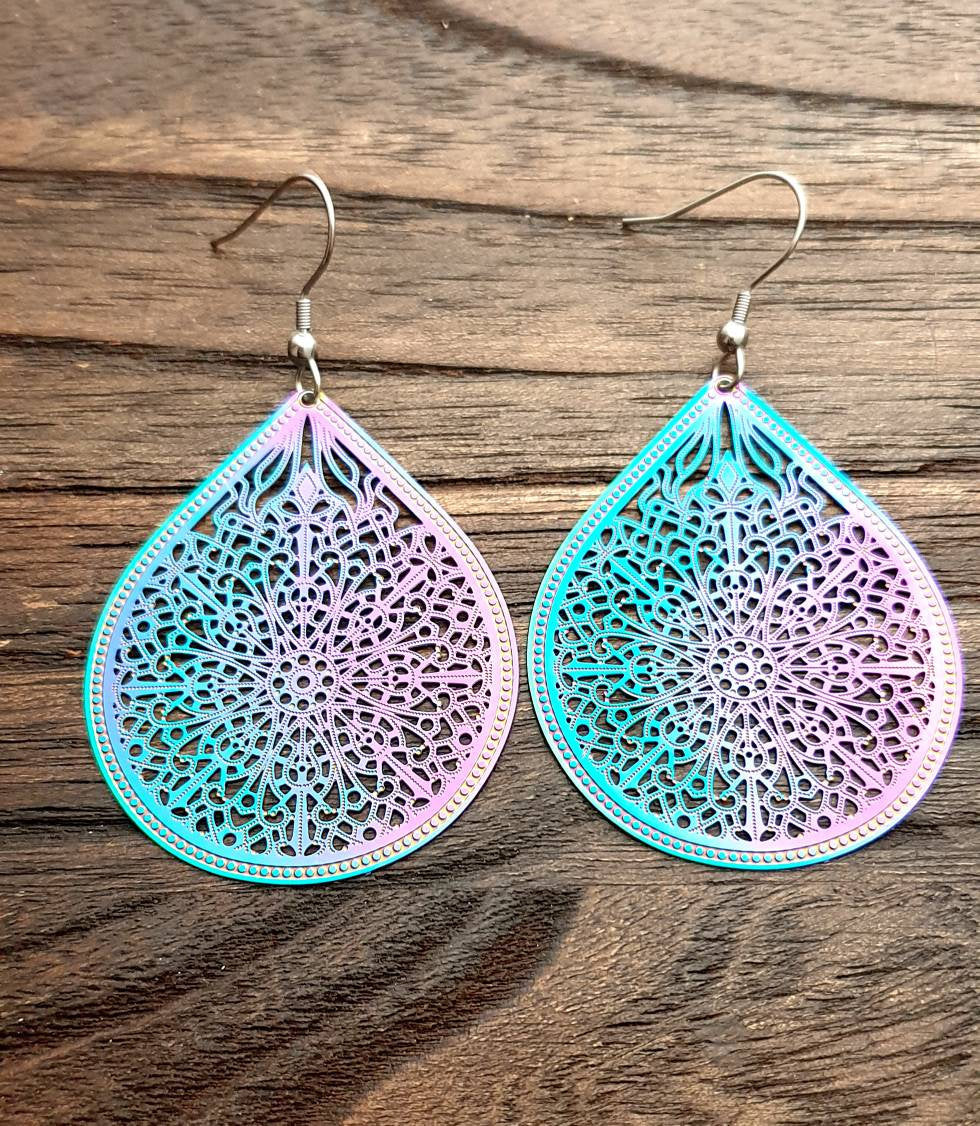 Blue Pink Teardrop Dangle Earrings Stainless Steel