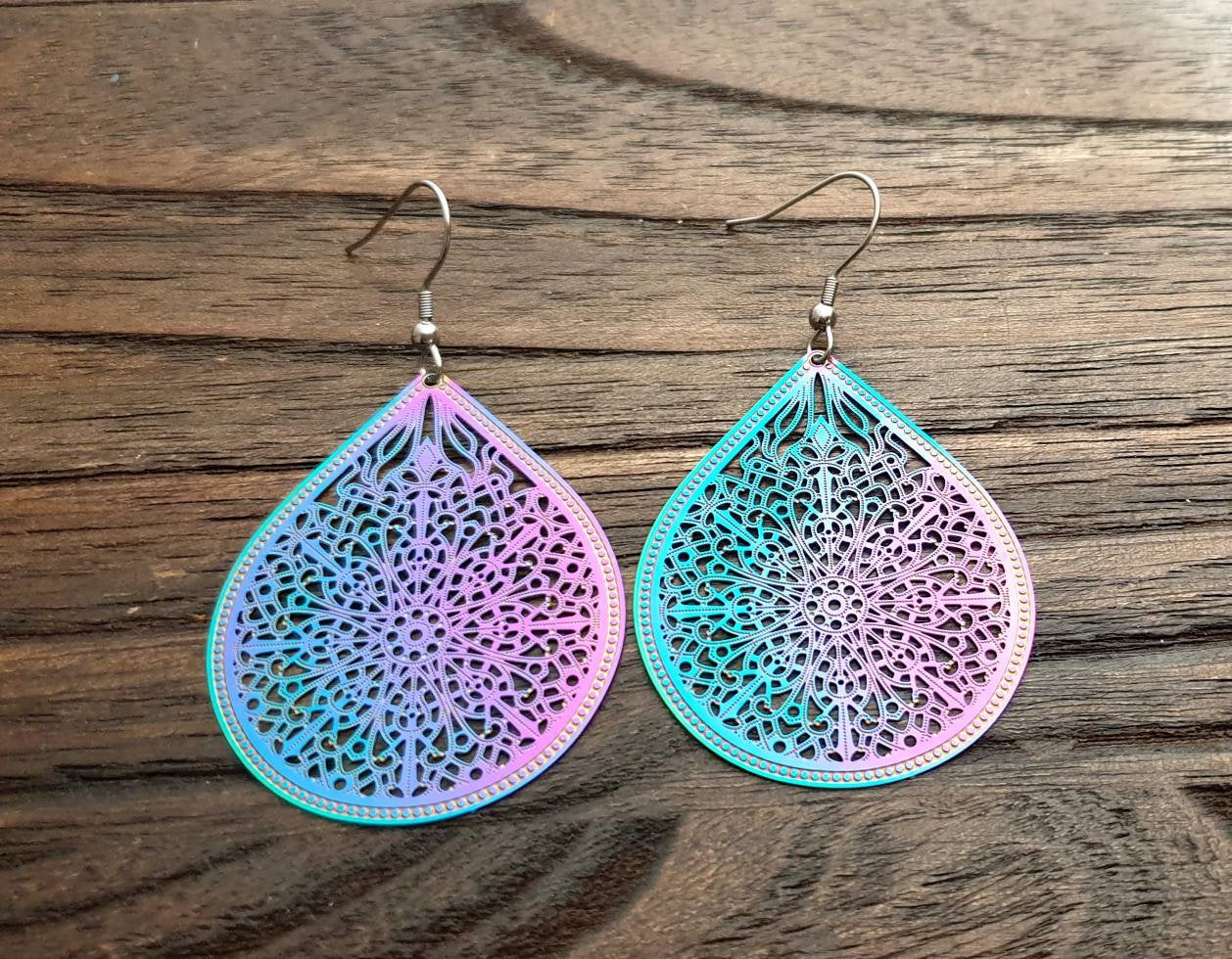 Blue Pink Teardrop Dangle Earrings Stainless Steel