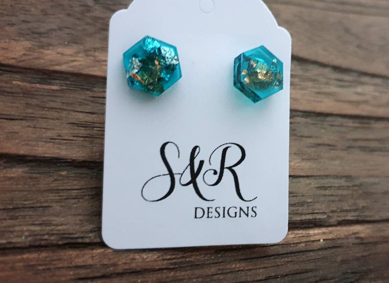 Hexagon Resin Stud Earrings, Blue Rose Gold Silver Leaf Earrings. Stainless Steel Stud Earrings. 10mm