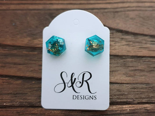 Hexagon Resin Stud Earrings, Blue Rose Gold Silver Leaf Earrings. Stainless Steel Stud Earrings. 10mm