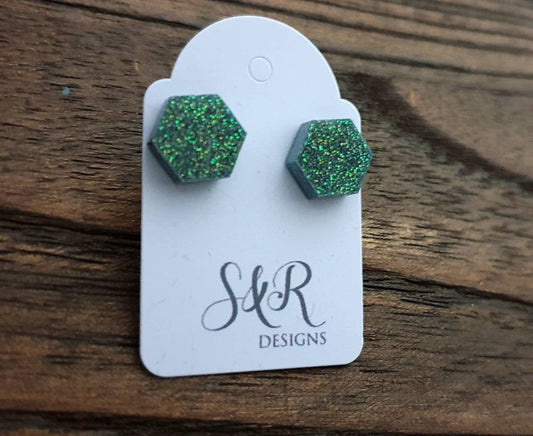 Hexagon Resin Stud Earrings, Blue Rainbow Glitter Earrings. Stainless Steel Stud Earrings. 10mm or 6mm