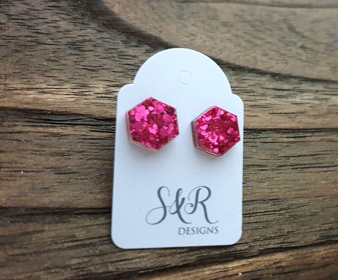 Hexagon Resin Stud Earrings, Hot Pink Glitter Earrings. Stainless Steel Stud Earrings. 10mm or 6mm