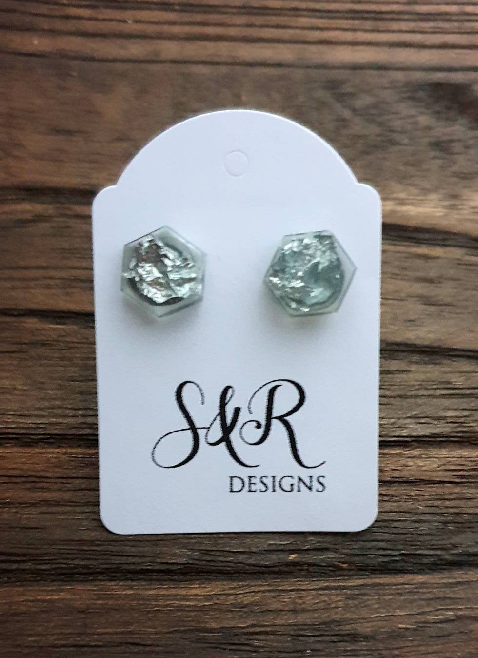 Hexagon Resin Stud Earrings,  Light Grey Silver Leaf Earrings. Stainless Steel Stud Earrings. 10mm