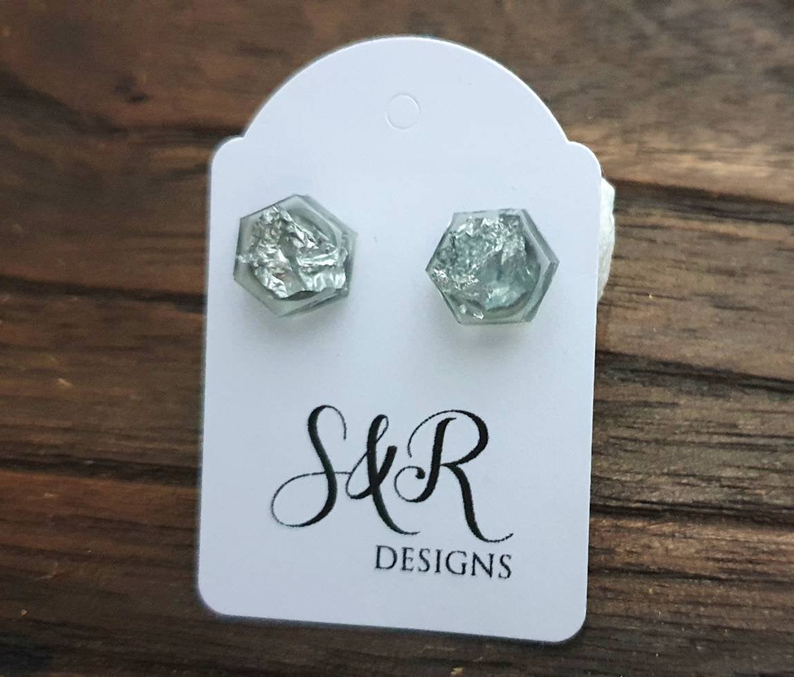 Hexagon Resin Stud Earrings,  Light Grey Silver Leaf Earrings. Stainless Steel Stud Earrings. 10mm