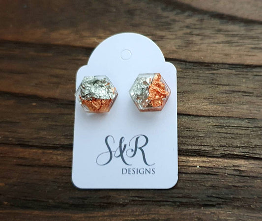 Hexagon Resin Stud Earrings, Rose Gold Silver Leaf Earrings. Stainless Steel Stud Earrings. 10mm
