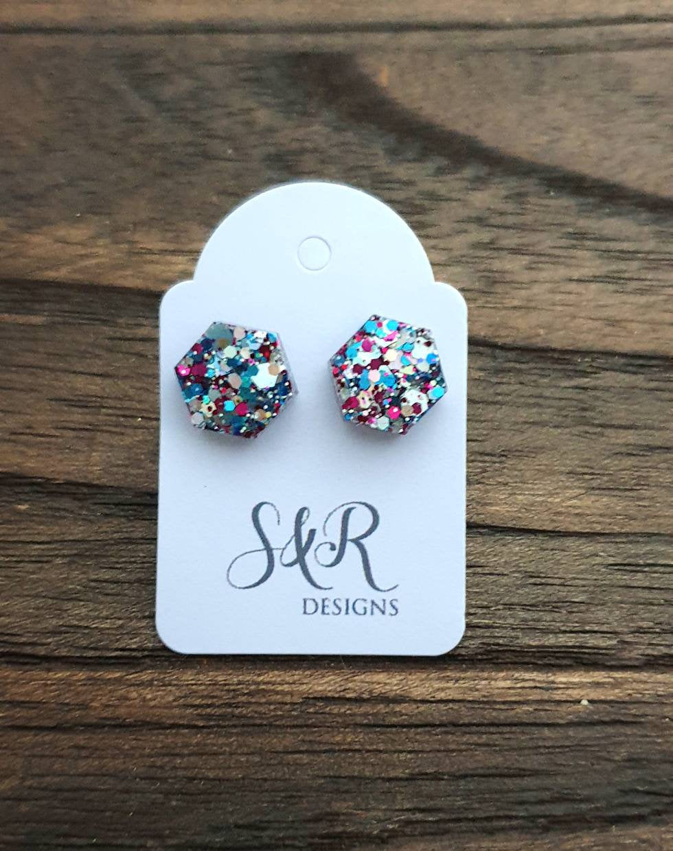 Hexagon Stud Earring, Resin Blue Pink Silver Glitter Mix Earrings. Stainless Steel Stud Earrings. 10mm or Mini Earrings 6mm