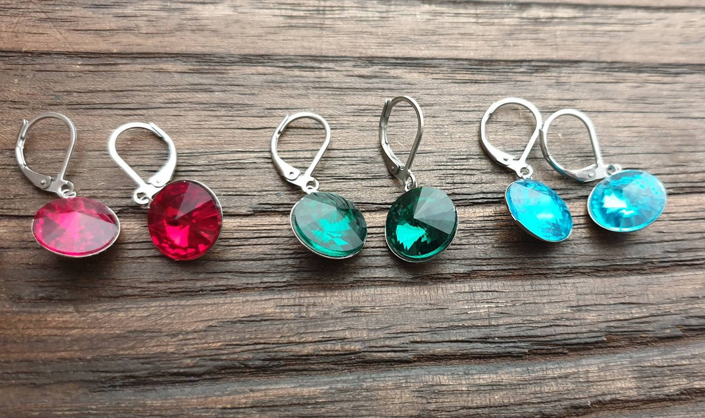 Glass Crystal Leverback Earrings Stainless Steel. Choose colour: Clear, Black Diamond, Emerald Green, Aquamarine, Red 12mm
