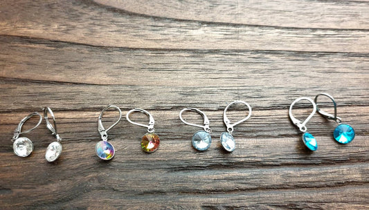 Glass Crystal Leverback Earrings Stainless Steel. Choose colour: Clear, Rainbow, Aquamarine, Light Blue 8mm
