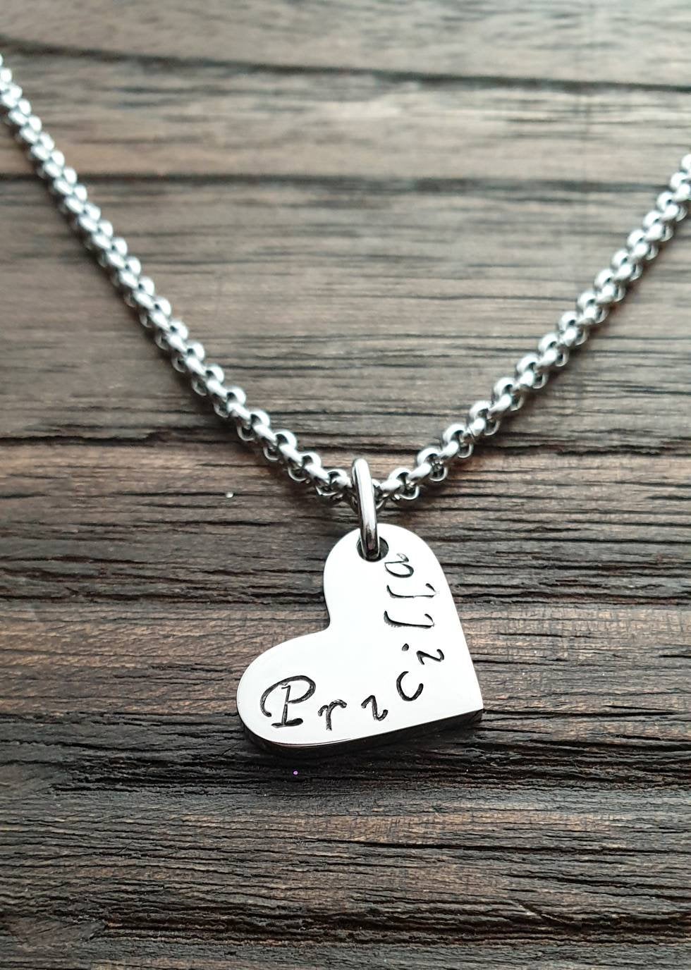 Personalised Heart Necklace, Minimalist Necklace, Hand Stamped Name Necklace add Name, Date or Initials