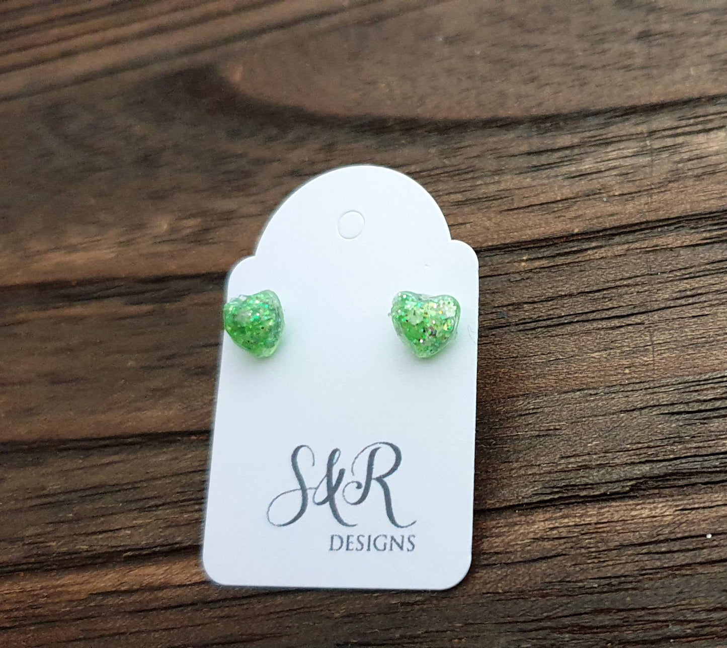 Mini Heart Resin Stud Earrings, Glitter Earrings, Green White Silver Glitter Earrings made with Stainless Steel. 6mm Minimalist Earrings