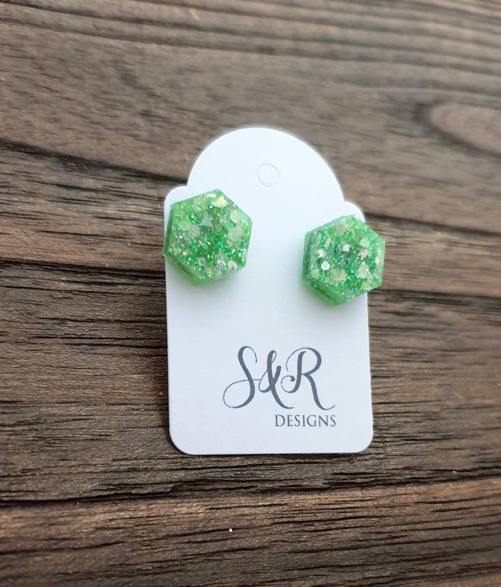 Hexagon Stud Earring, Green Silver White Resin Mix Stud Earrings. Stainless Steel Stud Earrings. 10mm