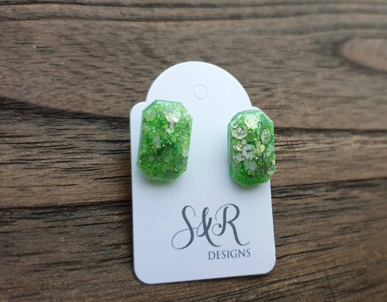 Emerald Cut Resin Stud Earrings, Green White Silver Earrings, Earrings made with Stainless Steel. 15mm X 10mm Minimalist Studs