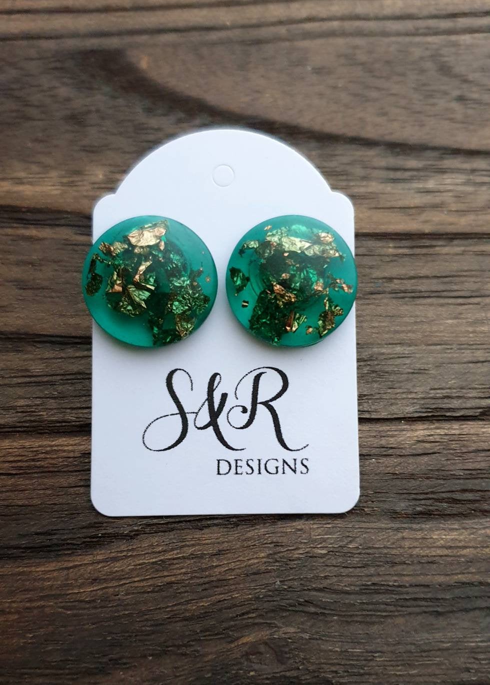 Circle Emerald Green Resin Rose Gold Leaf Stud Earrings 18mm