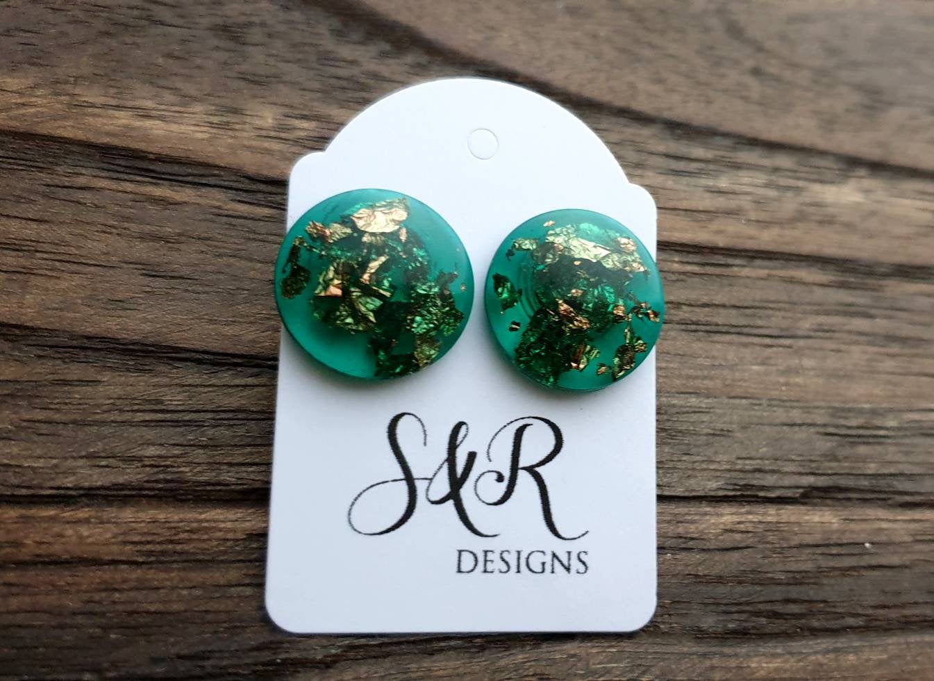 Circle Emerald Green Resin Rose Gold Leaf Stud Earrings 18mm
