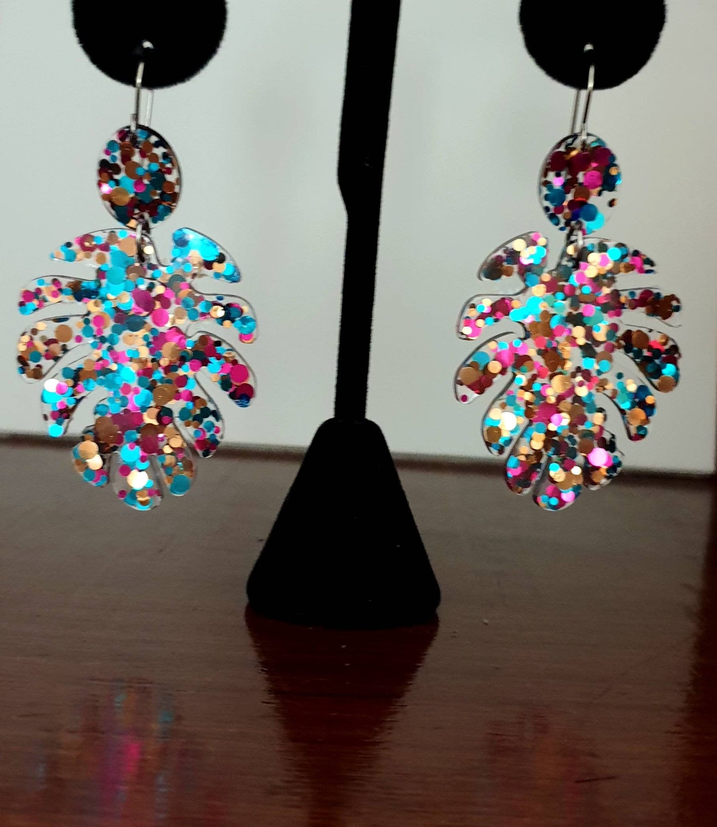 Large Monstera Leaf Long Dangle Earrings, Teal Rose Gold Pink Glitter Resin Dangle Statement Earrings