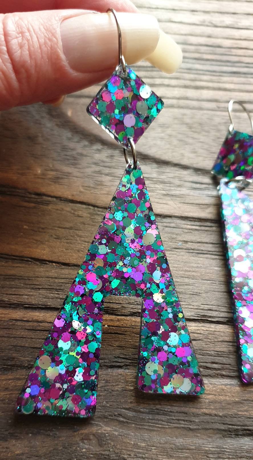 Large Unique Design Long Dangle Earrings, Teal Silver Purple Glitter Resin Dangle Statement Earrings