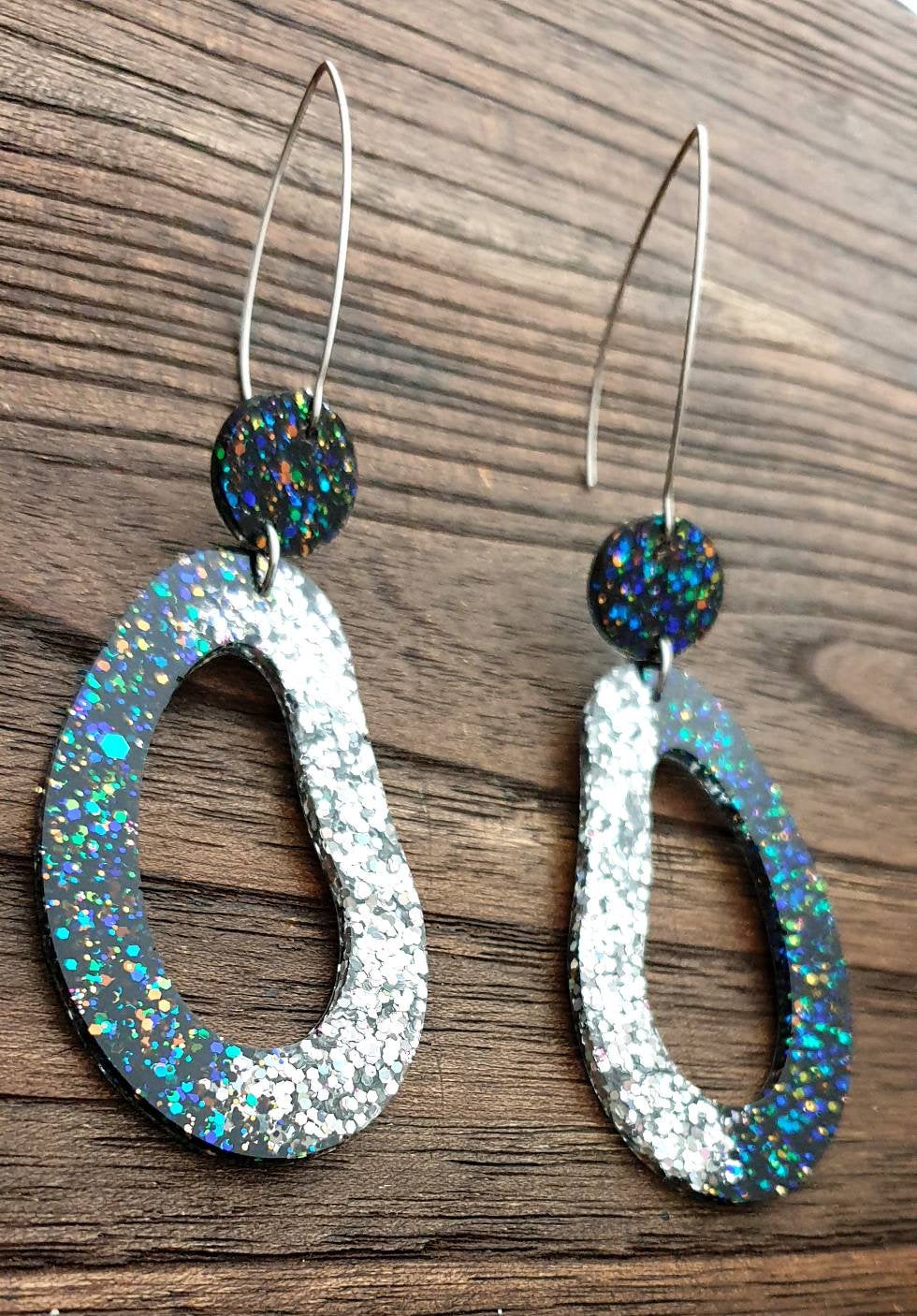 Large Unique Oval Design Long Dangle Earrings, Black Rainbow Silver Holographic Glitter Resin Dangle Statement Earrings