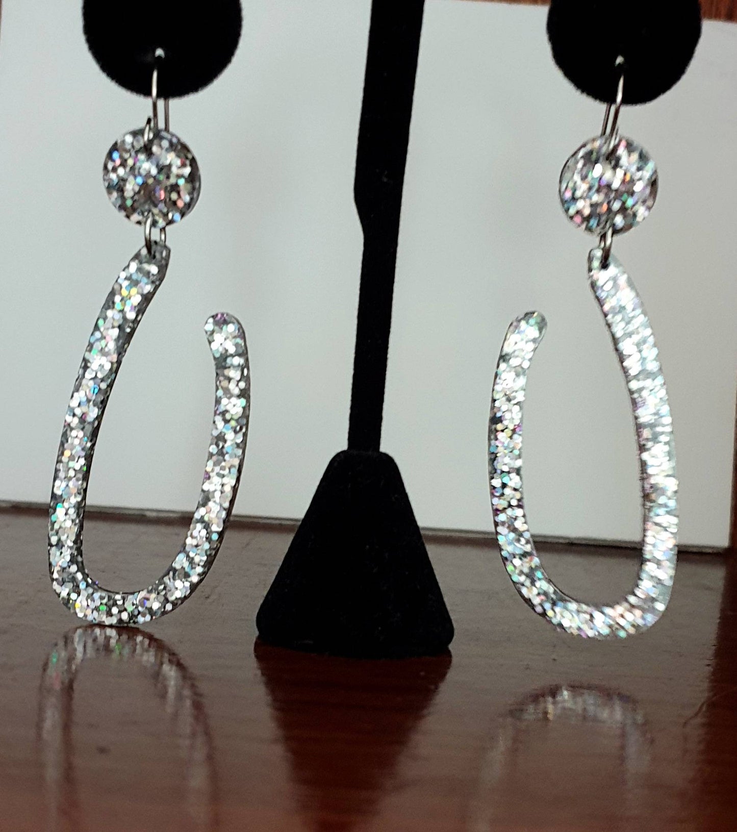 Large Unique Design Long Dangle Earrings, Black Rainbow Silver Holographic Glitter Resin Dangle Statement Earrings