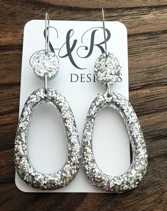 Teardrop Long Dangle Earrings, Silver Holographic Glitter Resin Dangle Statement Earrings