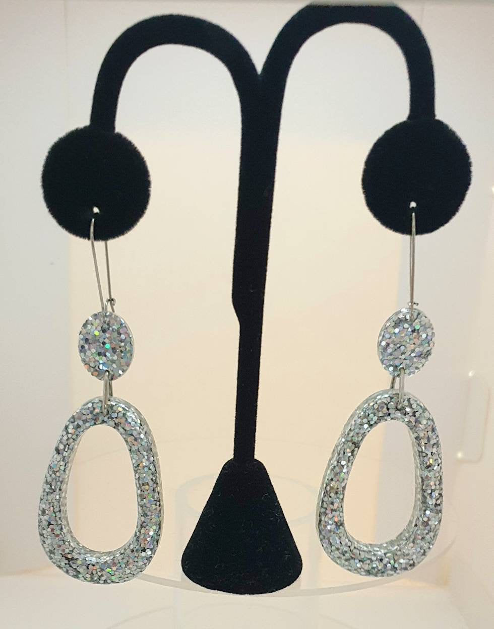 Teardrop Long Dangle Earrings, Silver Holographic Glitter Resin Dangle Statement Earrings