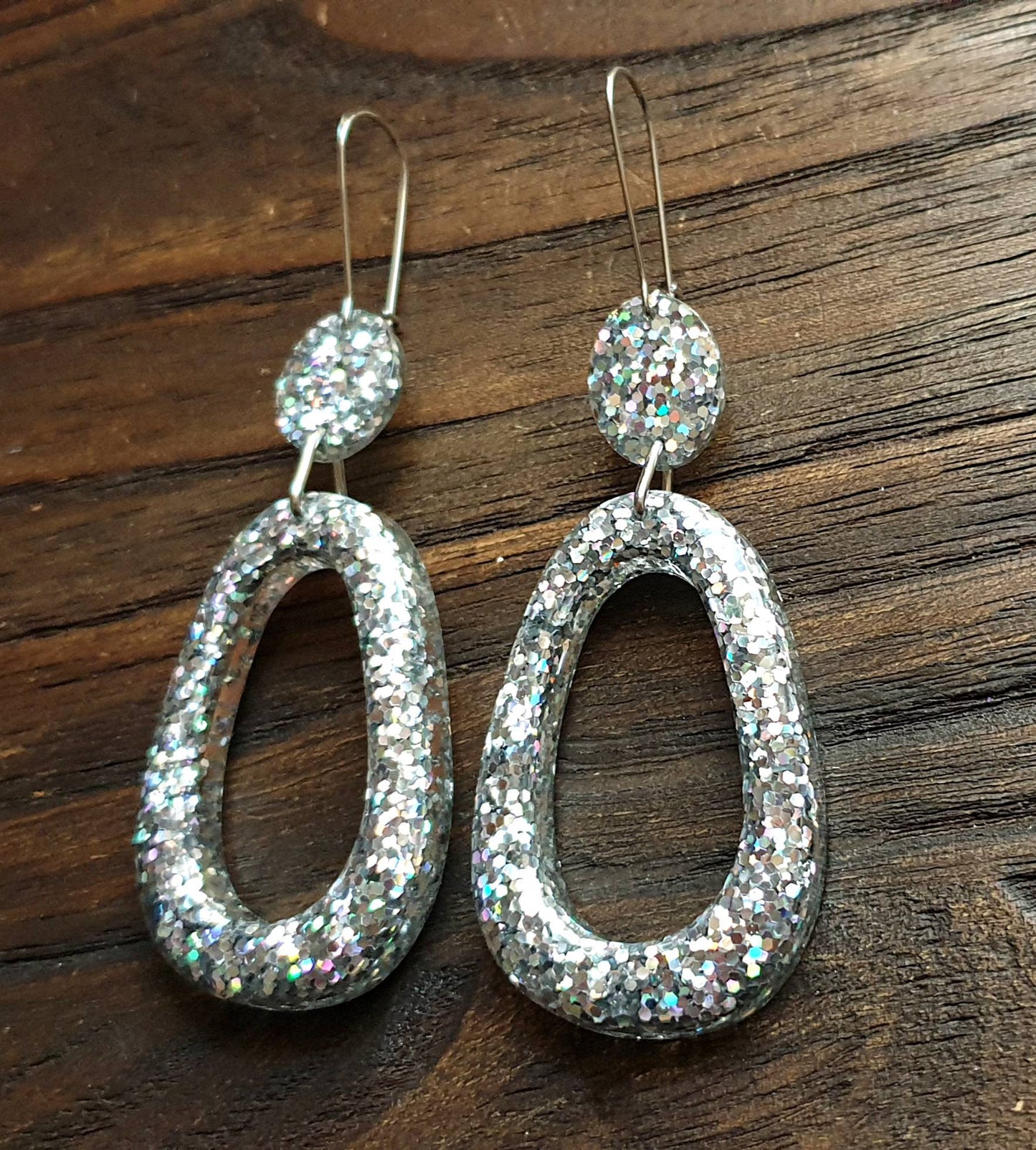 Teardrop Long Dangle Earrings, Silver Holographic Glitter Resin Dangle Statement Earrings