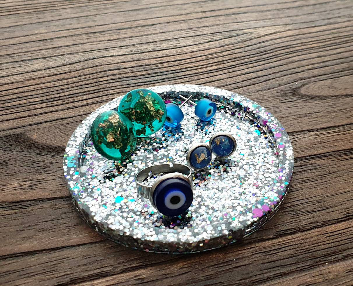 Resin Trinket Ring Dish, Coaster Silver Holographic Purple Teal Glitter Mix