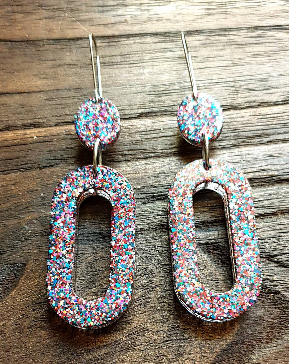 Statement Oval Long Resin Earrings, Confetti Glitter Earrings, Stainless Steel Earrings.