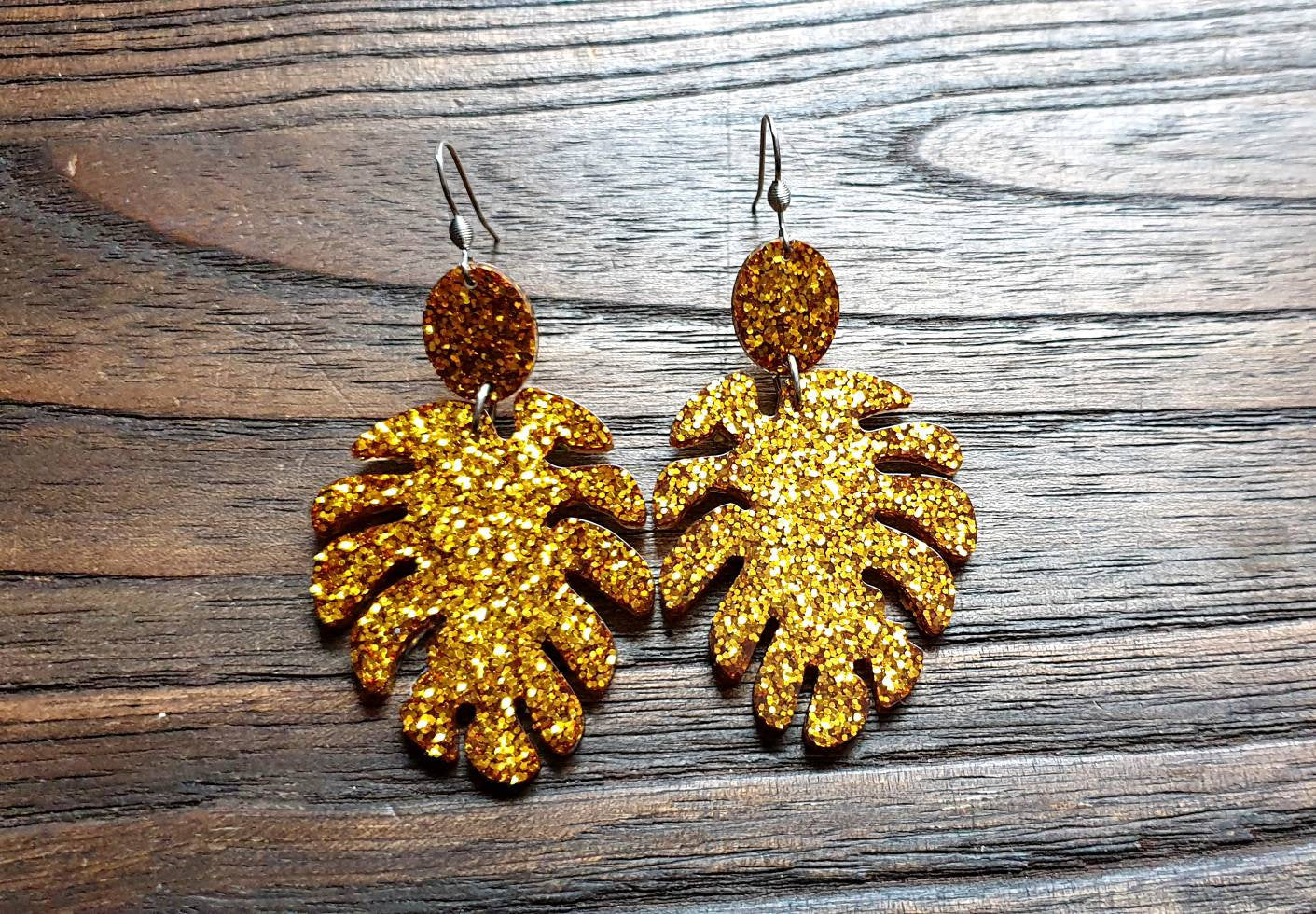 Large Monstera Leaf Long Dangle Earrings, Gold Glitter Resin Dangle Statement Earrings