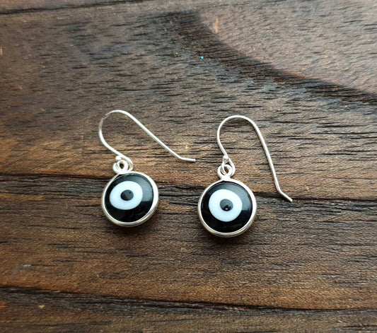 Sterling Silver Black Evil Eye Dangle Earrings