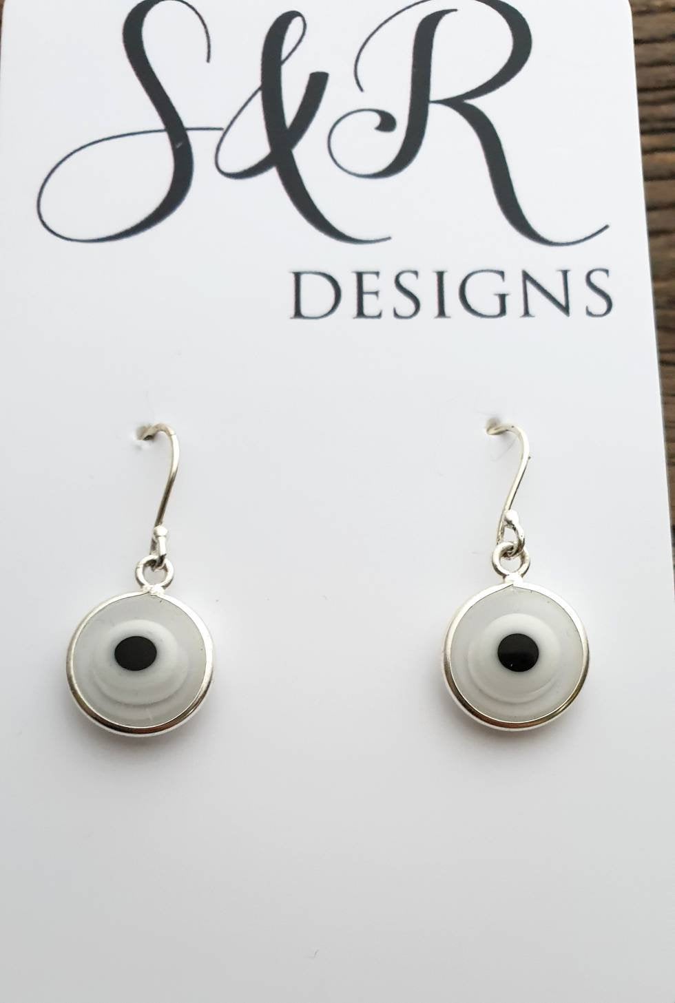 Sterling Silver White Evil Eye Dangle Earrings
