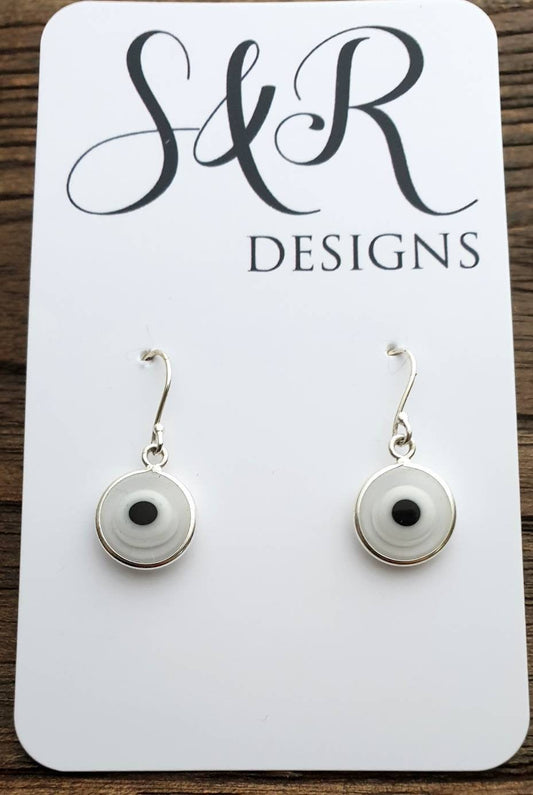 Sterling Silver White Evil Eye Dangle Earrings
