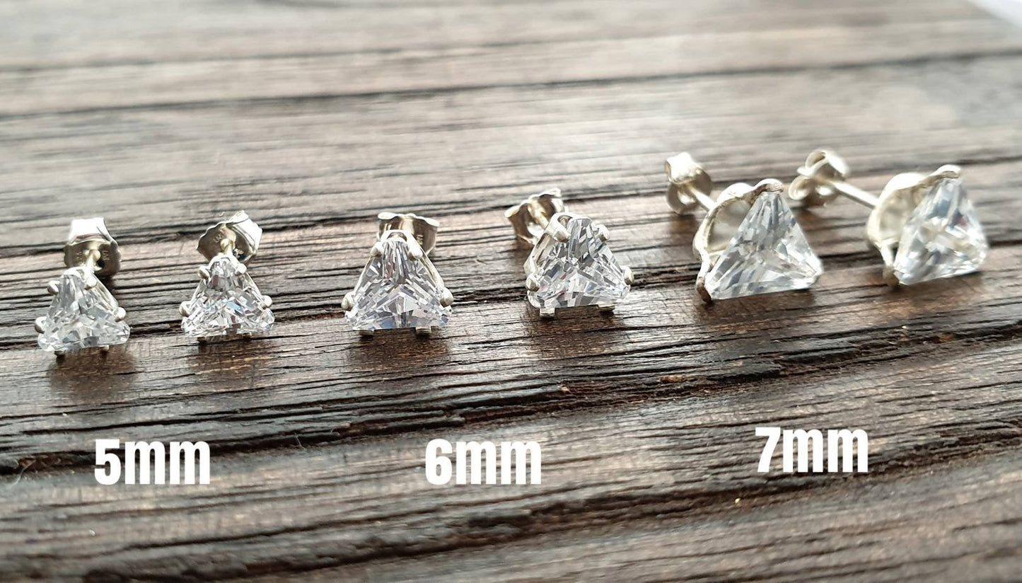 Sterling Silver CZ Stud Earrings, Cubic Zirconia Stud Earrings, Triangle Cz Studs, Trillion Cut Studs 5mm, 6mm, 7mm