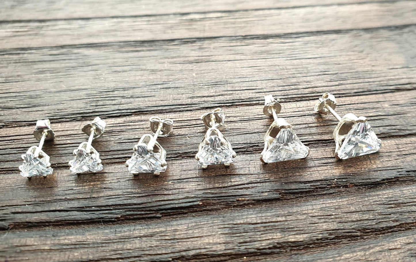 Sterling Silver CZ Stud Earrings, Cubic Zirconia Stud Earrings, Triangle Cz Studs, Trillion Cut Studs 5mm, 6mm, 7mm