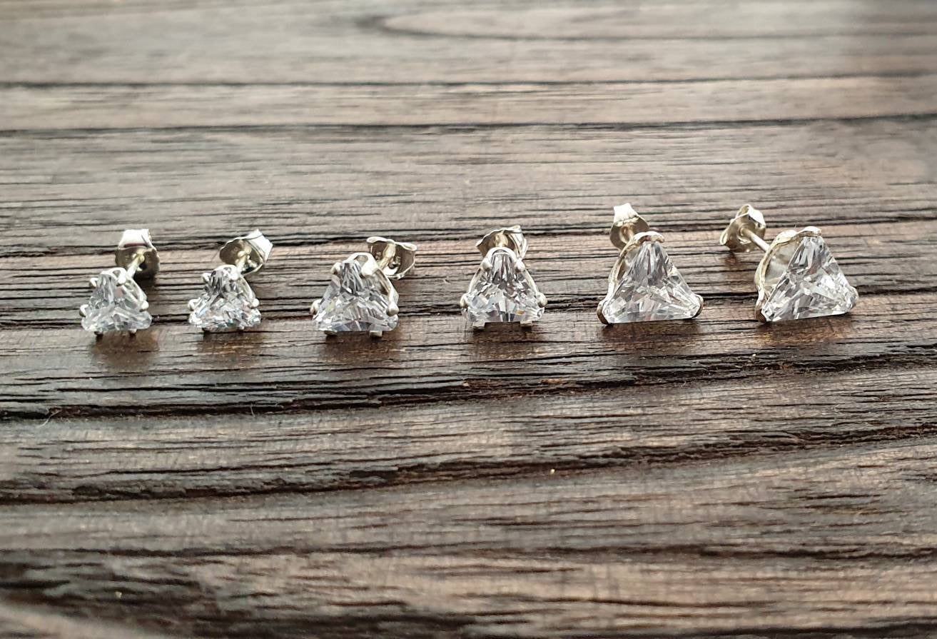 Sterling Silver CZ Stud Earrings, Cubic Zirconia Stud Earrings, Triangle Cz Studs, Trillion Cut Studs 5mm, 6mm, 7mm