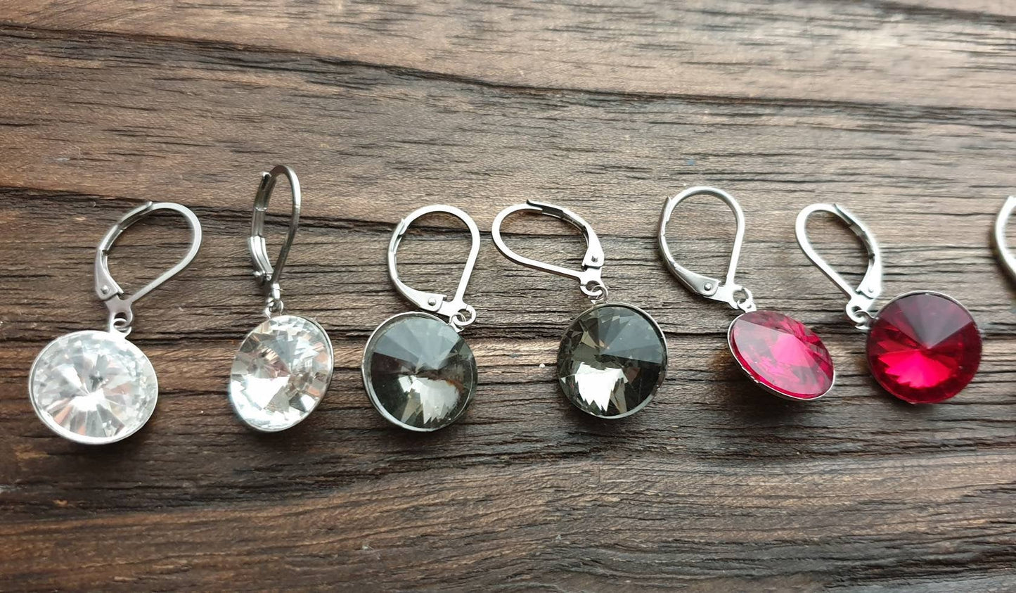 Glass Crystal Leverback Earrings Stainless Steel. Choose colour: Clear, Black Diamond, Emerald Green, Aquamarine, Red 12mm