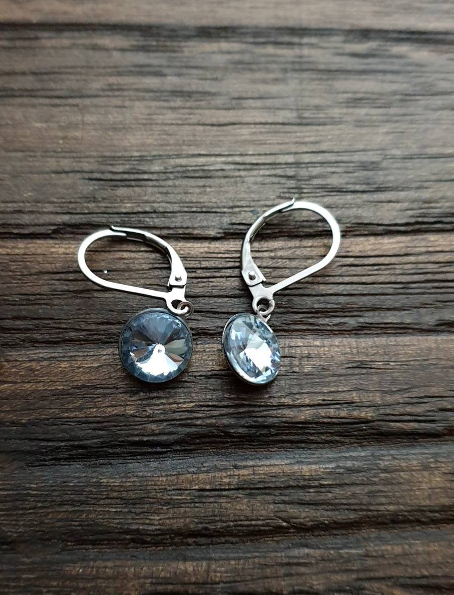 Glass Crystal Leverback Earrings Stainless Steel. Choose colour: Clear, Rainbow, Aquamarine, Light Blue 8mm