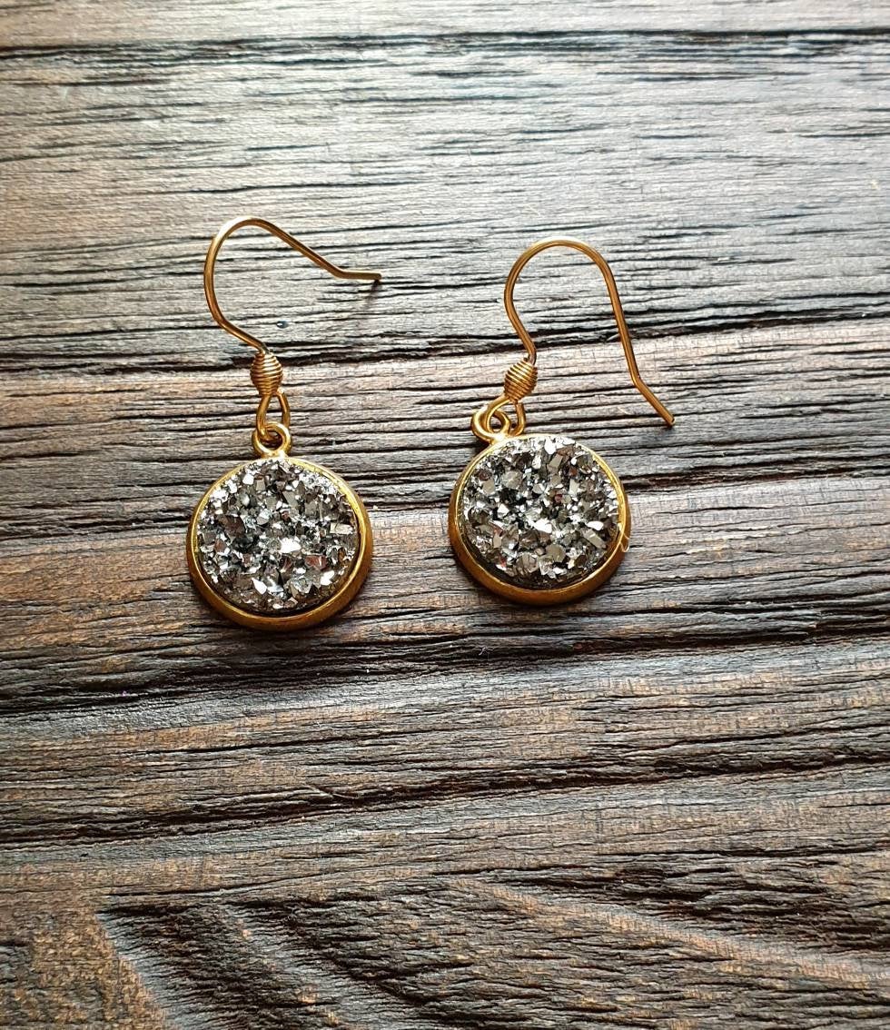 Charcoal Grey Sparkly Faux Druzy Dangle Earrings made of Stainless Steel Gold