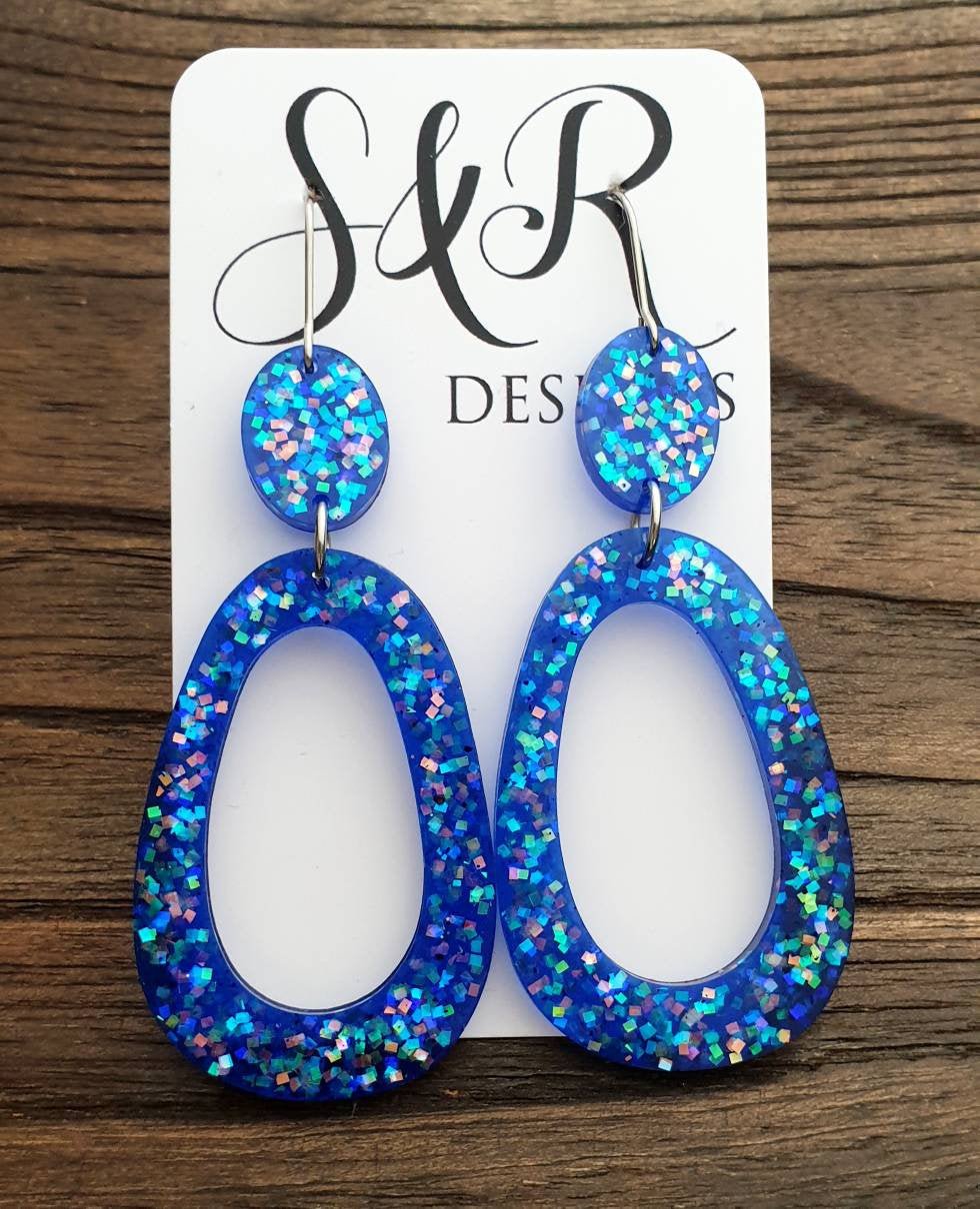 Large Teardrop Long Dangle Earrings, Blue Galaxy Glitter Resin Dangle Statement Earrings