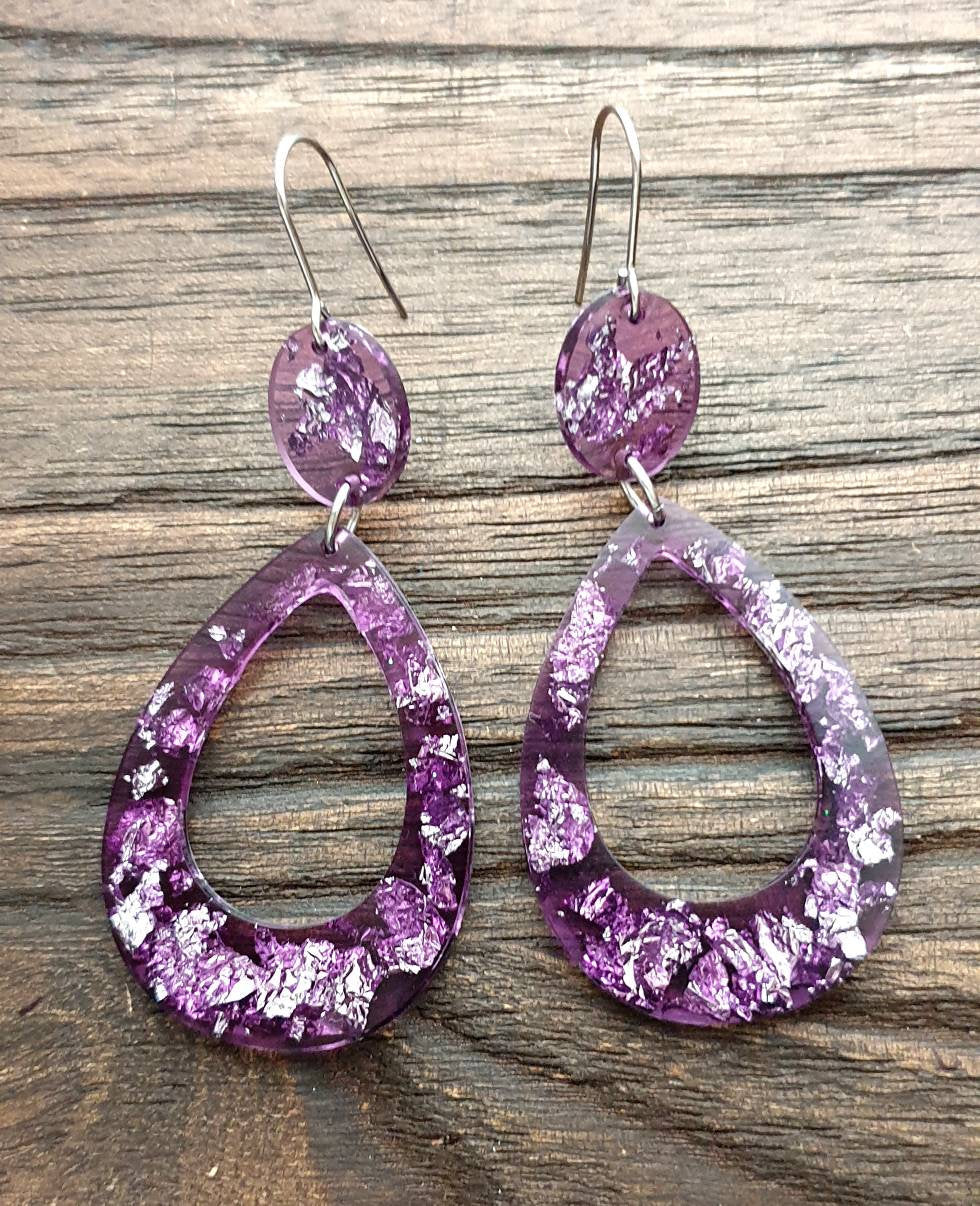 Large Teardrop Long Dangle Earrings, Purple Silver Leaf Resin Dangle Statement Earrings