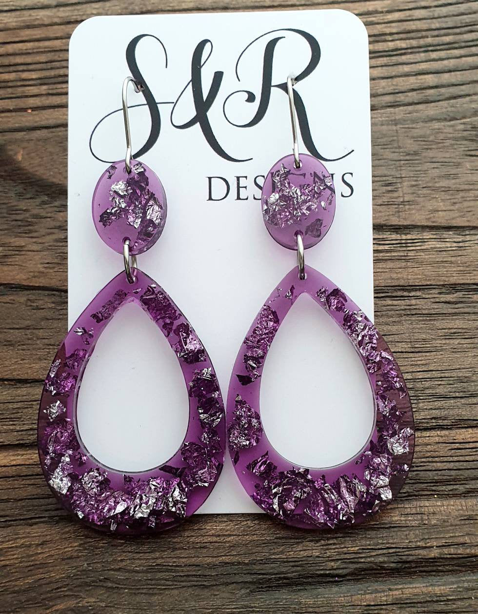 Large Teardrop Long Dangle Earrings, Purple Silver Leaf Resin Dangle Statement Earrings